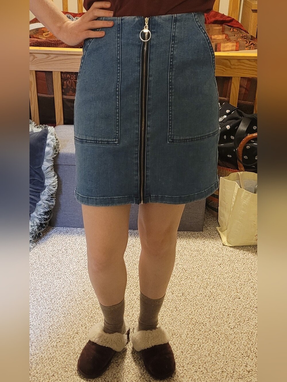 Stretch Denim Zip-Front A-line Skirt